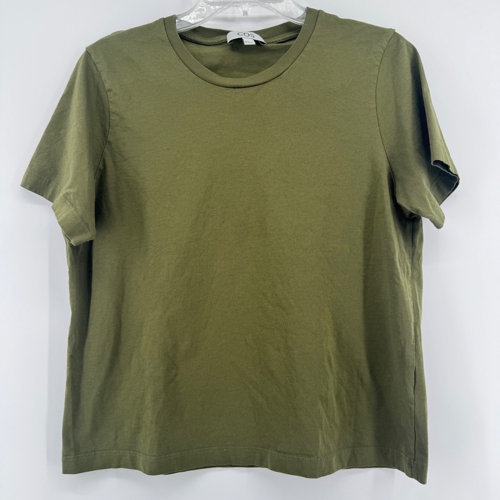 COS T-Shirt Women Medium Olive Green 100% Cotton Short Sleeve Crew Neck Cropped